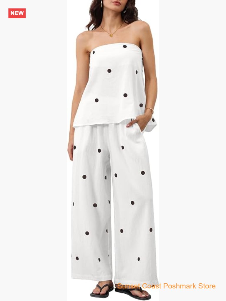 Strapless Bandeau Tube Top Wide Leg Pants Set Lounge Summer Outfit